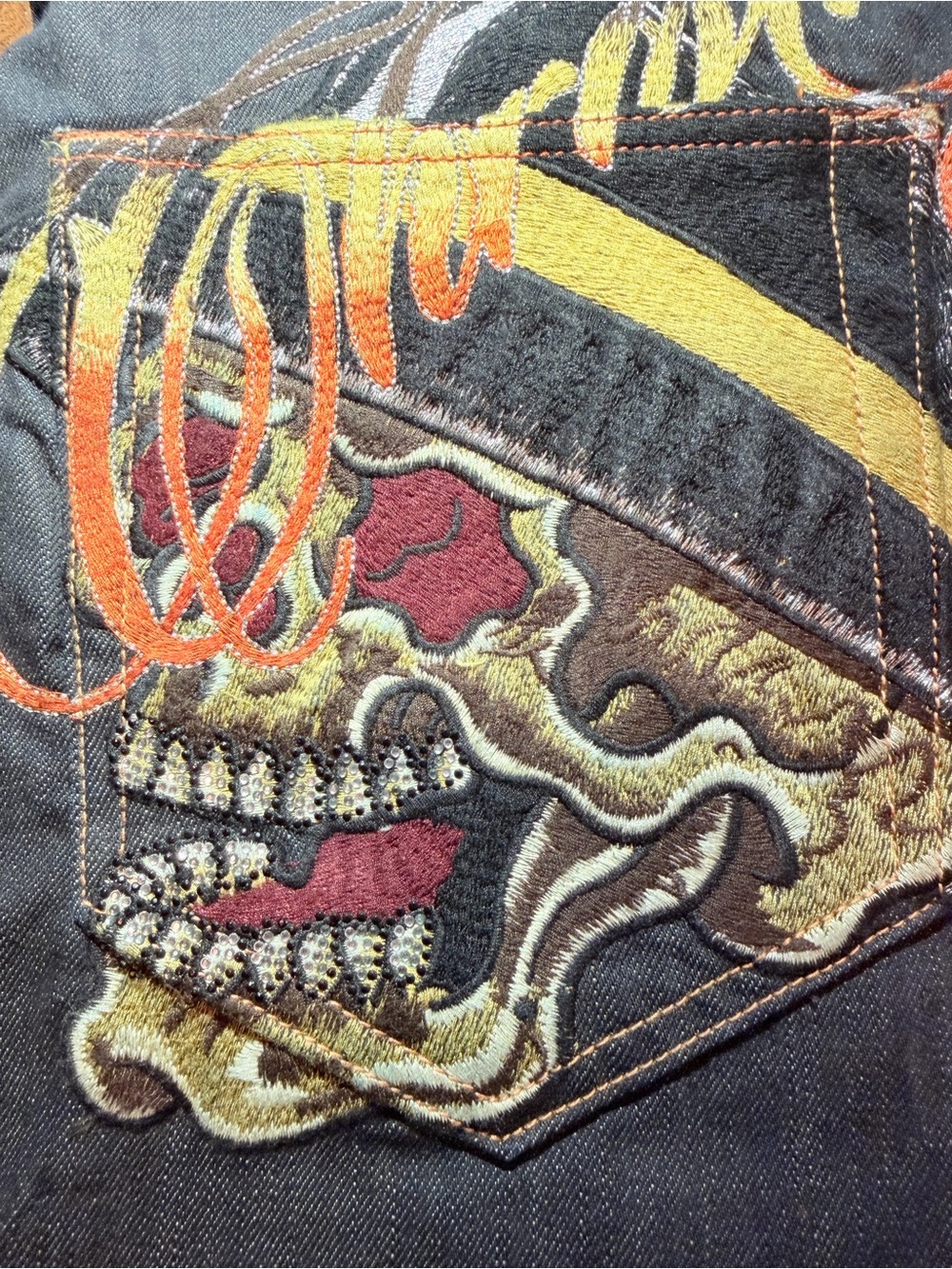 Vintage original Christian Audigier Jeans with Multicolor Embroidered Skull